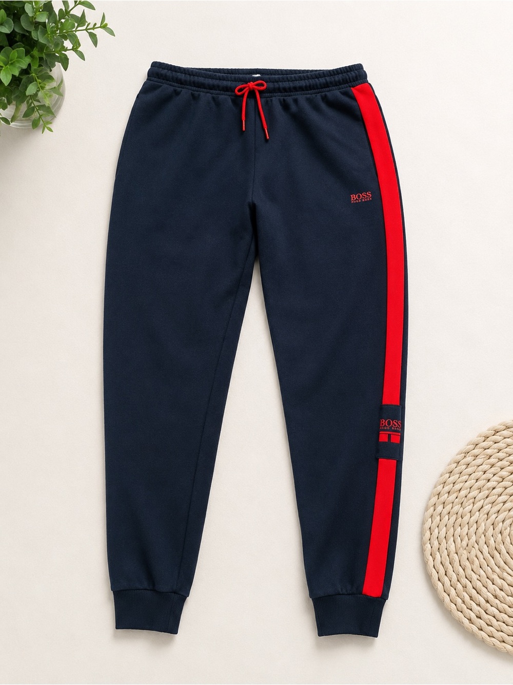 BOSS Men's Navy Joggers with Red Side Stripe
